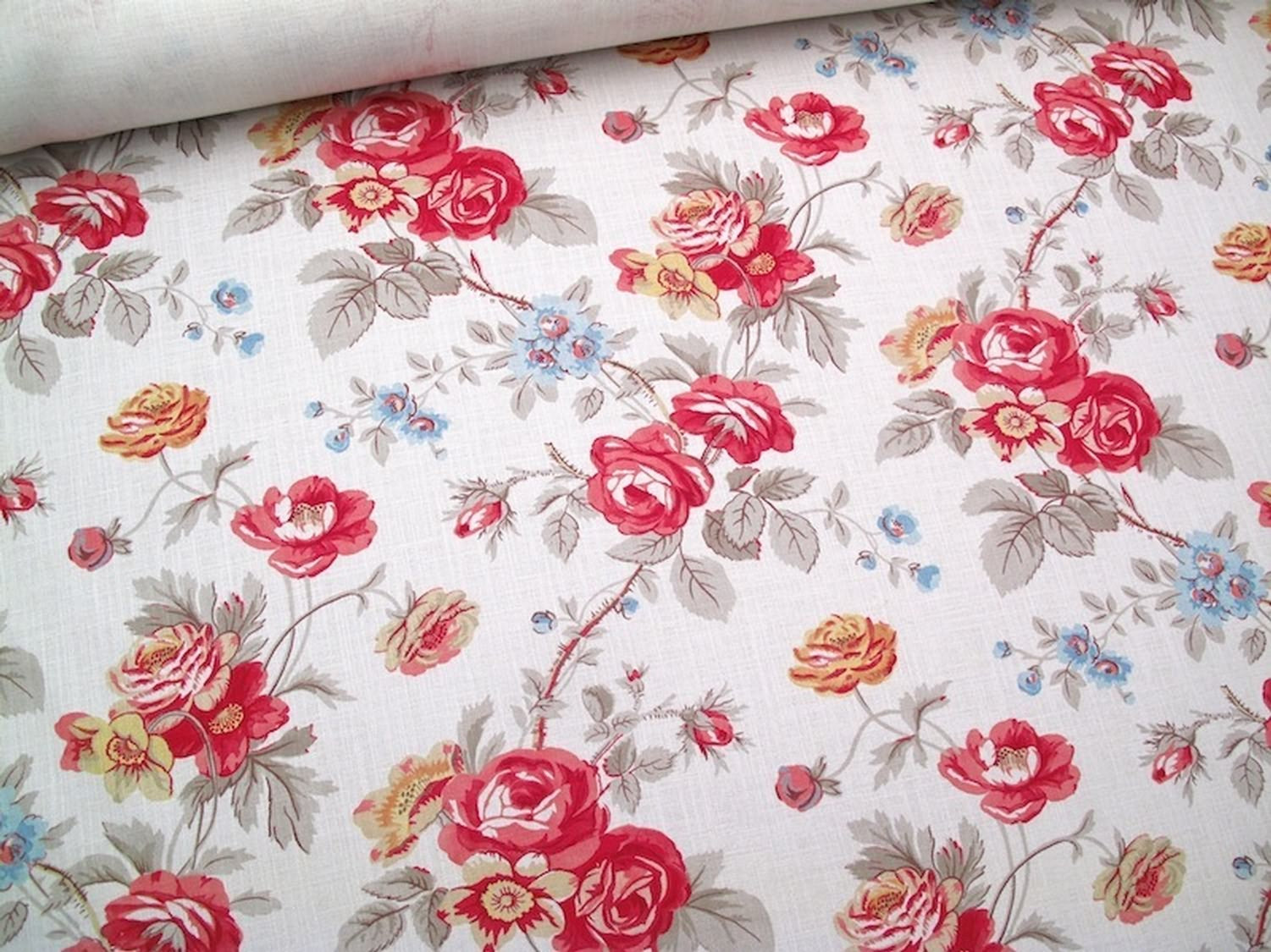 Philippa Red floral fabric by Arte Fresca Outlet, showcasing a romantic rose pattern with red, blue, and yellow flowers on a cream background, ideal for curtains, upholstery, and home decor.