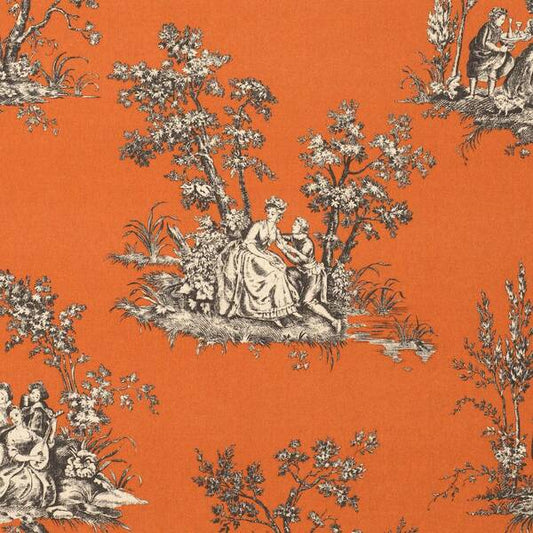 Nahaufnahme der filigranen Toile de Jouy Zeichnungen in Schwarz auf leuchtendem Persimmon-Orange