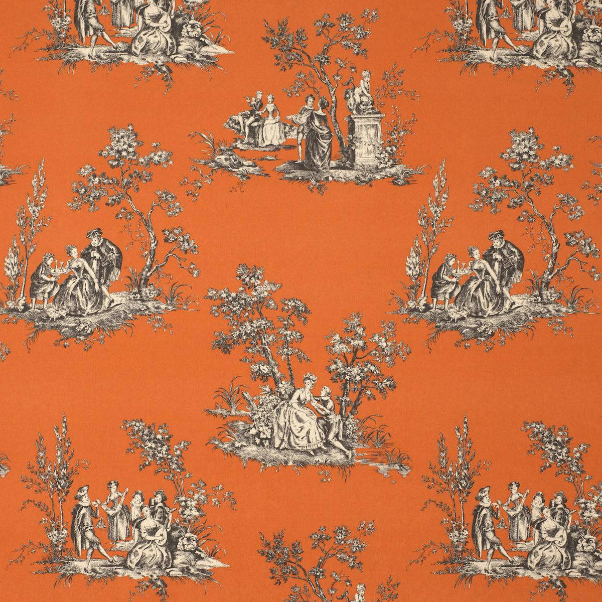 Orange fabric with a classic French toile de Jouy pattern featuring black and gray illustrations of figures in classical outdoor scenes.