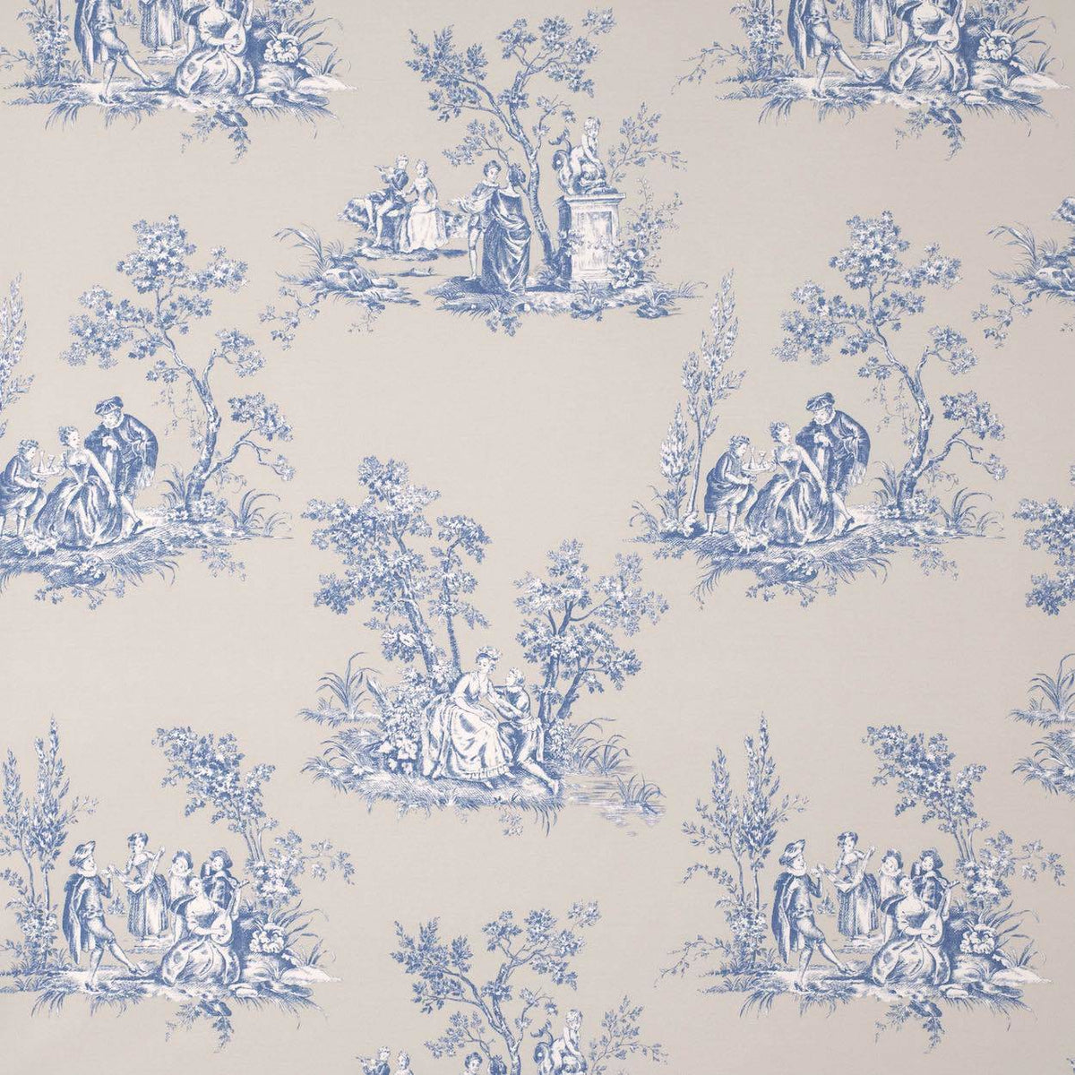 Flache Ansicht des französischen Toile de Jouy Stoffes in Blau und Beige