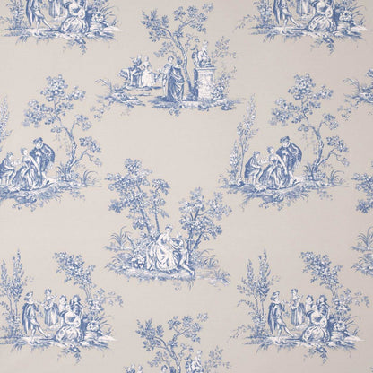 Flache Ansicht des französischen Toile de Jouy Stoffes in Blau und Beige