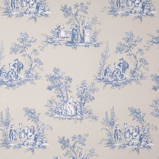 Flache Ansicht des französischen Toile de Jouy Stoffes in Blau und Beige