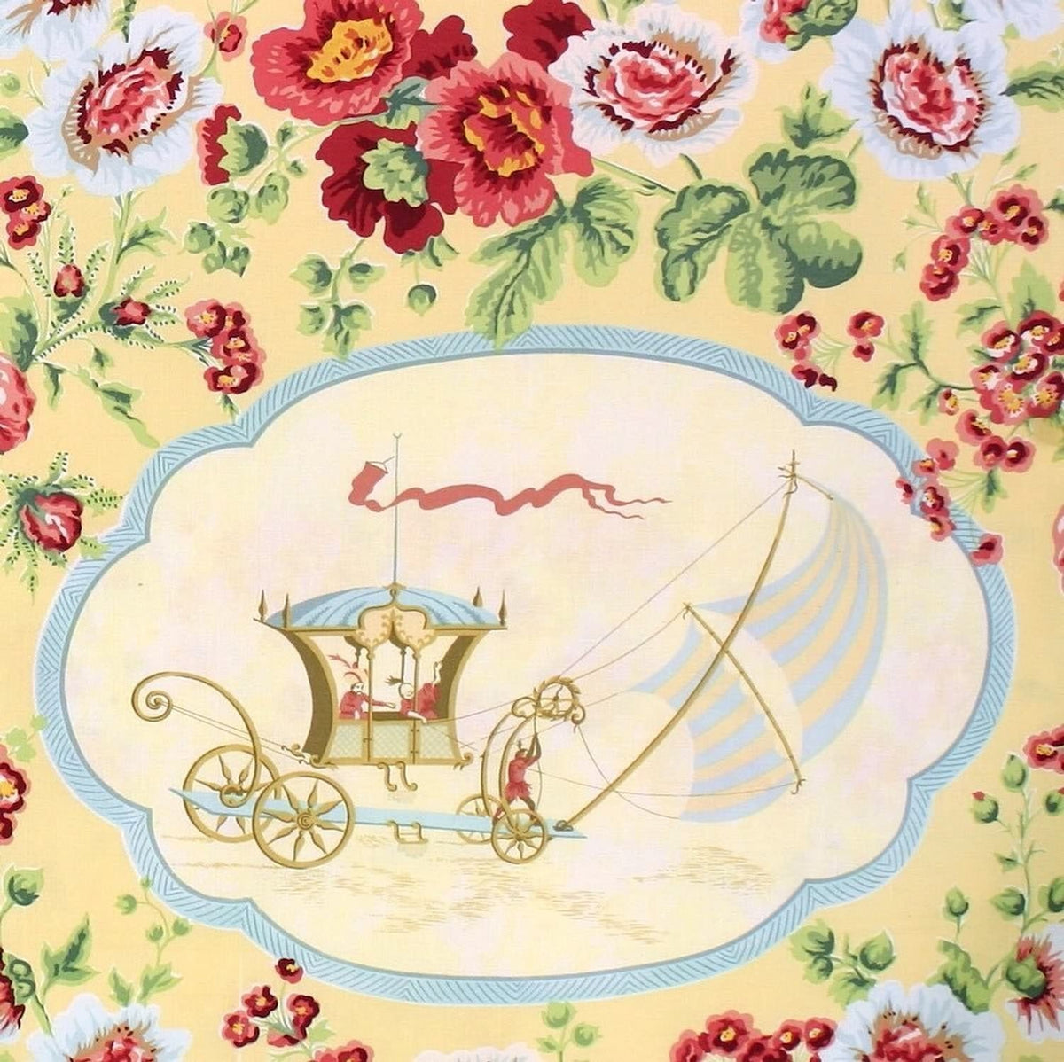 A detailed close-up of the SULTANS VOYAGE MULTI/YELLOW fabric, showcasing the fine line work and the vibrant colors of the exotic floral pattern.