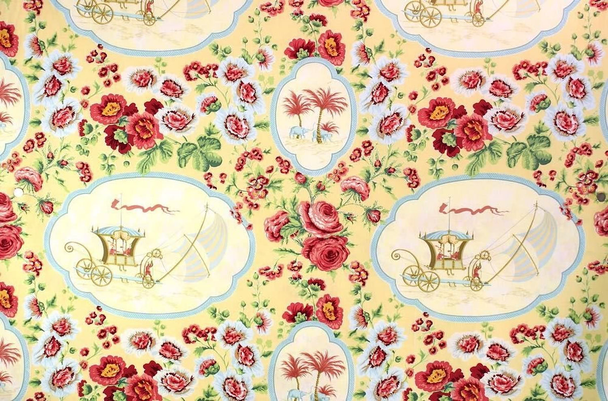 A large view of the SULTANS VOYAGE MULTI/YELLOW fabric from Arte Fresca Outlet, featuring a vibrant, exotic floral pattern with historical medallions on a warm yellow background.