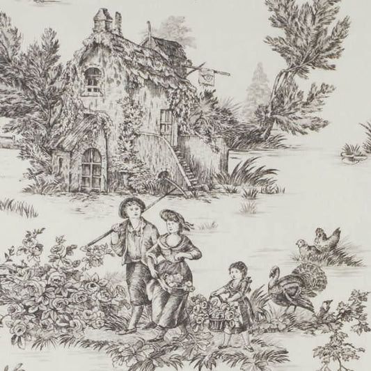 A detailed close-up of the TOILE DE JOUY BLACK/CREME fabric coupon, showcasing the fine line work and the intricate details of the French pastoral scenes.