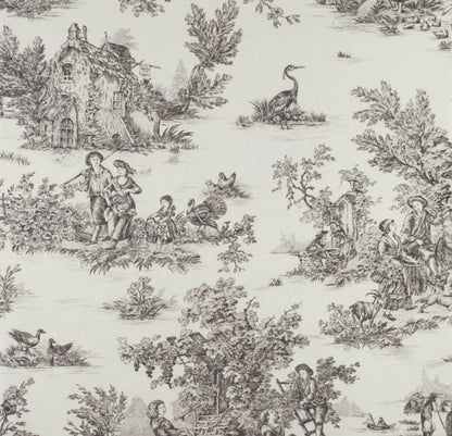 A reduced-price coupon of the TOILE DE JOUY BLACK/CREME fabric from Arte Fresca Outlet, featuring a classic French country scene pattern in black on a creme background.
