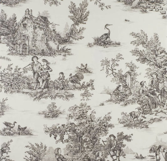 A reduced-price coupon of the TOILE DE JOUY BLACK/CREME fabric from Arte Fresca Outlet, featuring a classic French country scene pattern in black on a creme background.