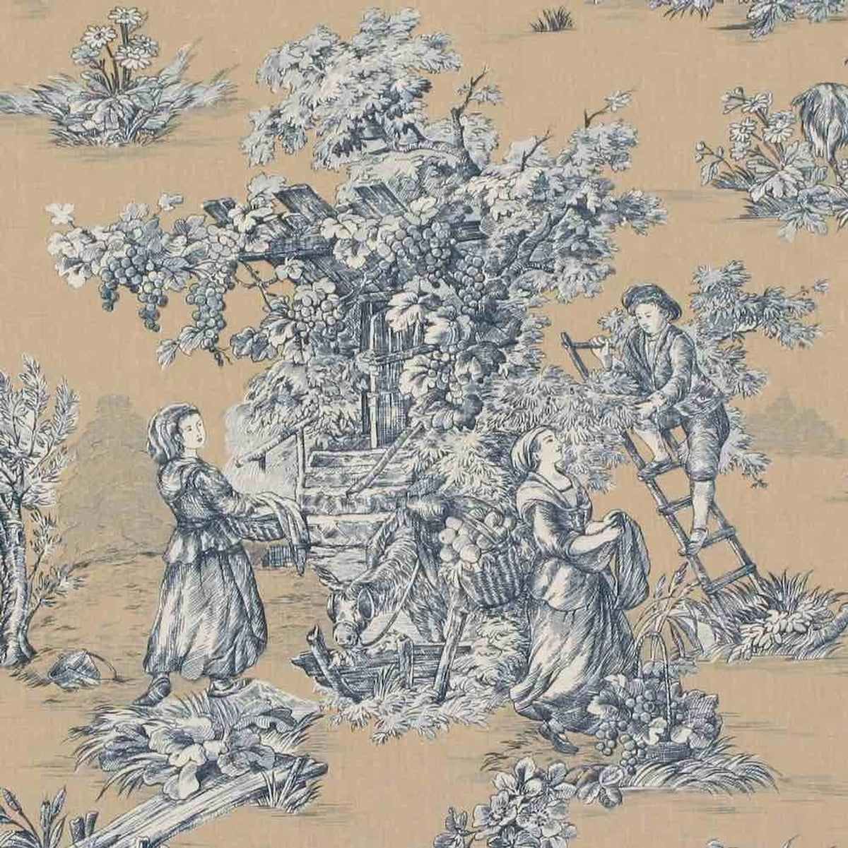 A detailed close-up of the TOILE DE JOUY BLAU/BEIGE fabric coupon, showcasing the fine line work and printed texture of the classic pastoral pattern. The image emphasizes the quality of the cotton weave.