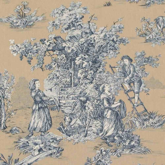 A detailed close-up of the TOILE DE JOUY BLAU/BEIGE fabric coupon, showcasing the fine line work and printed texture of the classic pastoral pattern. The image emphasizes the quality of the cotton weave.