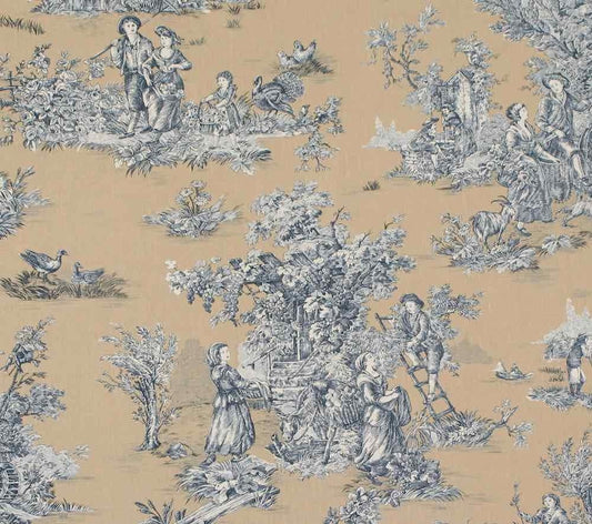 A reduced-price coupon of the TOILE DE JOUY BLAU/BEIGE fabric from Arte Fresca Outlet. The image shows the classic French cotton with a detailed blue pastoral scene on a light beige background, highlighting the vintage and romantic design.
