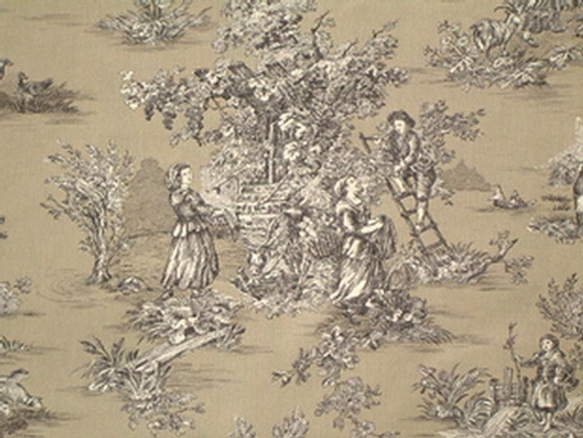 A reduced-price coupon of the TOILE DE JOUY BRAUN fabric from Arte Fresca Outlet. The image shows the classic French cotton with a detailed brown pastoral scene on a light beige background, highlighting the vintage and romantic design.