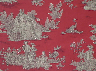 Flaches Muster des bedruckten Baumwollstoffes mit Toile de Jouy Motiven in Braun auf rotem Grund