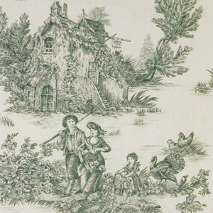 Toile-de-Jouy-Stoff in Dunkelgrün & Creme | Französischer Vorhang- & Polsterstoffrest