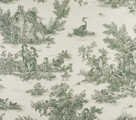 A reduced-price coupon of the TOILE DE JOUY DARK GREEN/CREME fabric from Arte Fresca Outlet, featuring a classic French country scene pattern in dark green on a creme background.