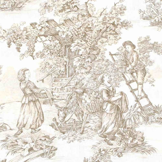 A detailed close-up of the TOILE DE JOUY GRAUBEIGE/CREME fabric coupon, showcasing the fine line work and printed texture of the classic pastoral pattern. The image emphasizes the quality of the cotton weave.