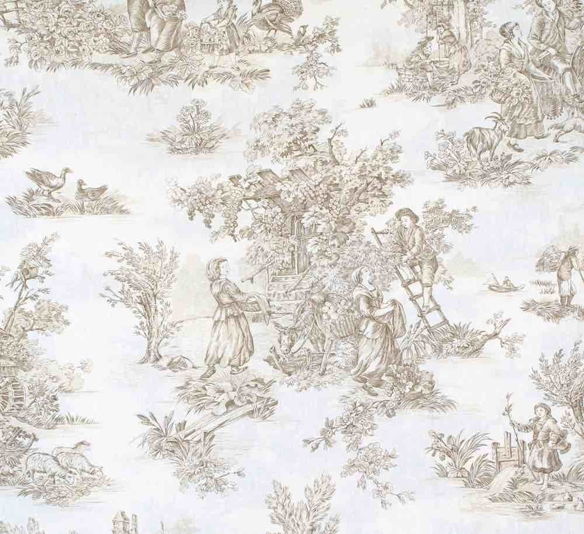 A reduced-price coupon of the TOILE DE JOUY GRAUBEIGE/CREME fabric from Arte Fresca Outlet. The image shows the classic French cotton with a detailed taupe pastoral scene on a light cream background, highlighting the vintage and romantic design.