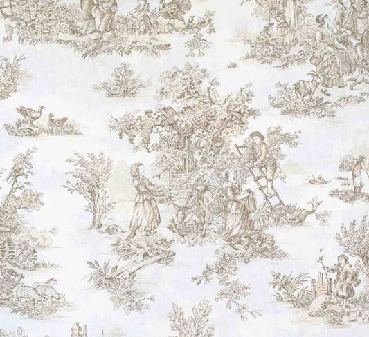 A reduced-price coupon of the TOILE DE JOUY GRAUBEIGE/CREME fabric from Arte Fresca Outlet. The image shows the classic French cotton with a detailed taupe pastoral scene on a light cream background, highlighting the vintage and romantic design.
