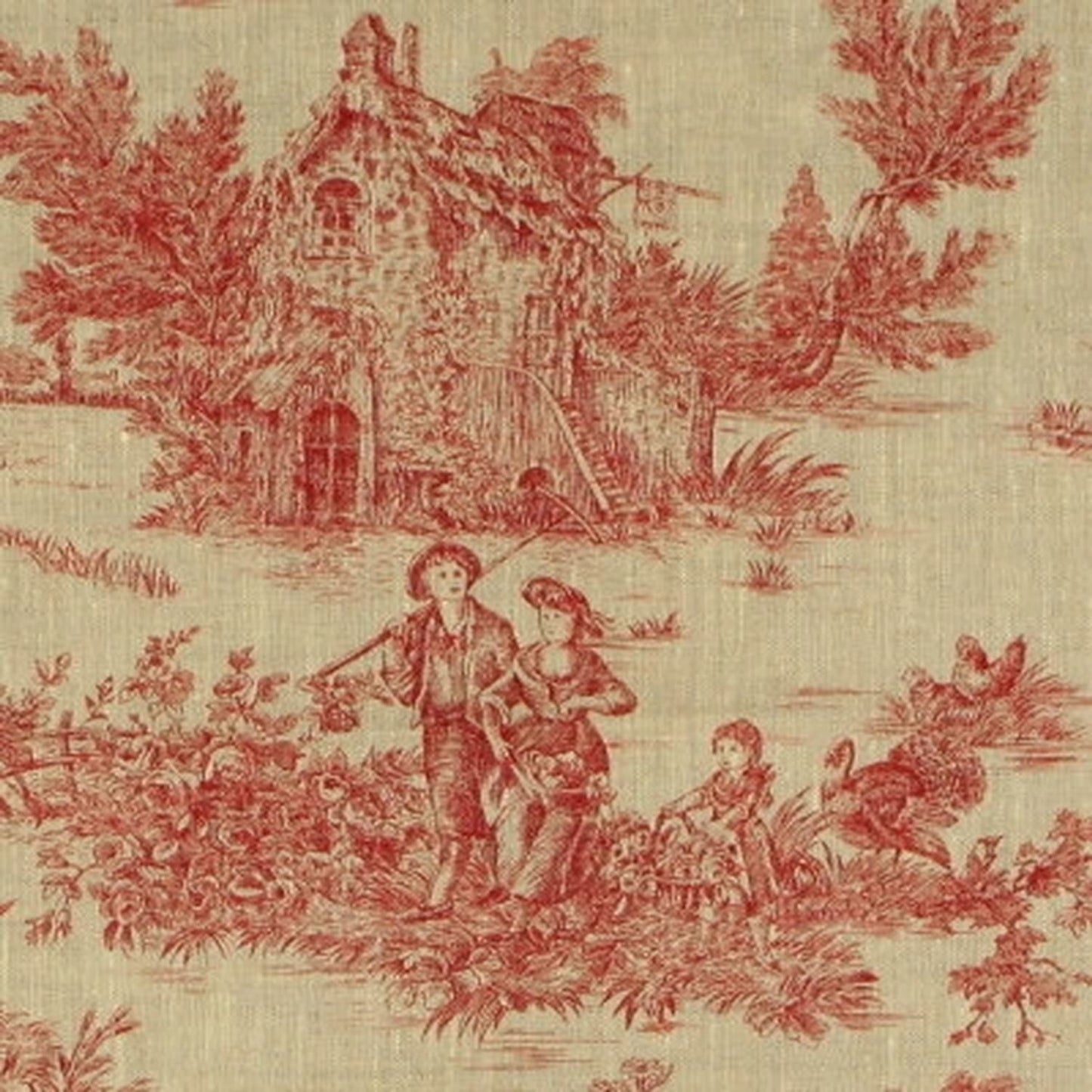A detailed close-up of the TOILE DE JOUY ROUGE BRIQUE fabric coupon, showcasing the fine line work and printed texture of the classic pastoral pattern. The image emphasizes the quality of the linen weave.