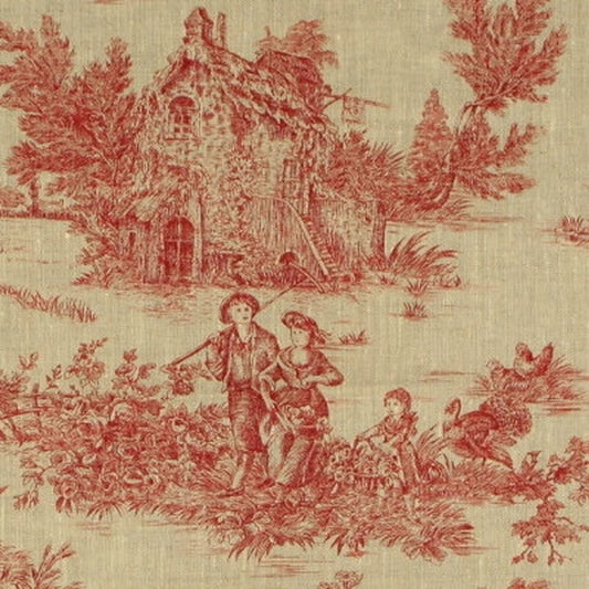 A detailed close-up of the TOILE DE JOUY ROUGE BRIQUE fabric coupon, showcasing the fine line work and printed texture of the classic pastoral pattern. The image emphasizes the quality of the linen weave.