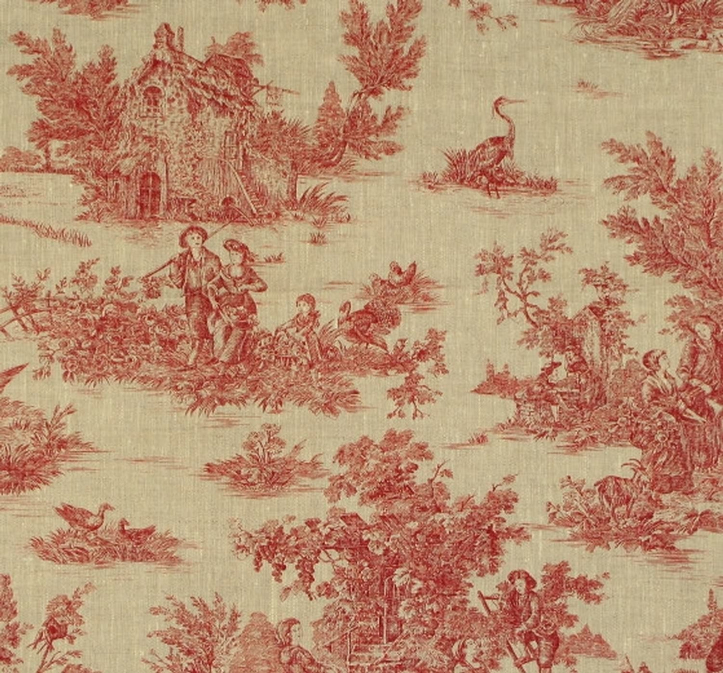 A reduced-price coupon of the TOILE DE JOUY ROUGE BRIQUE fabric from Arte Fresca Outlet. The image shows the classic French linen with a detailed red pastoral scene on a light beige background, highlighting the vintage and romantic design.