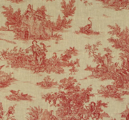 A reduced-price coupon of the TOILE DE JOUY ROUGE BRIQUE fabric from Arte Fresca Outlet. The image shows the classic French linen with a detailed red pastoral scene on a light beige background, highlighting the vintage and romantic design.