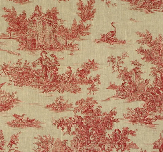 A reduced-price coupon of the TOILE DE JOUY ROUGE BRIQUE fabric from Arte Fresca Outlet. The image shows the classic French linen with a detailed red pastoral scene on a light beige background, highlighting the vintage and romantic design.