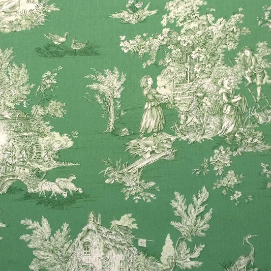 Green toile pattern fabric featuring a white classical French pastoral scene with figures, trees, birds, sheep, and a house.