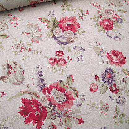 Close-up detail of VICTORIA LINEN MULTI/GREEN fabric by ARTE FRESCA OUTLET, highlighting the intricate texture and vibrant colors of the rose and tulip motifs. Perfect for appreciating the quality of this designer remnant.