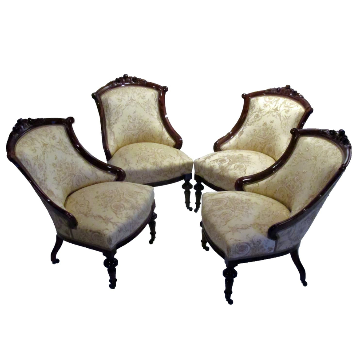 A collection of antique-style chairs and armchairs upholstered with the VILLA BORGHESE fabric in various colorways, including red and gold. The image shows the versatility of the elegant rococo pattern and its suitability for creating different moods within a classic interior design.