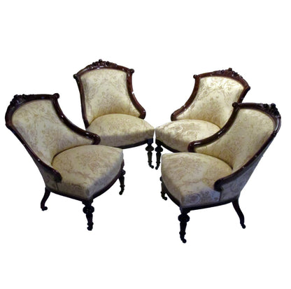 A collection of antique-style chairs and armchairs upholstered with the VILLA BORGHESE fabric in various colorways, including red and gold. The image shows the versatility of the elegant rococo pattern and its suitability for creating different moods within a classic interior design.