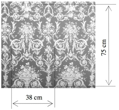 A black and white image of the VILLA BORGHESE fabric pattern with measurements to indicate the exact size of the vertical and horizontal pattern repeat. This technical diagram is useful for customers who need to calculate fabric quantities for their projects.