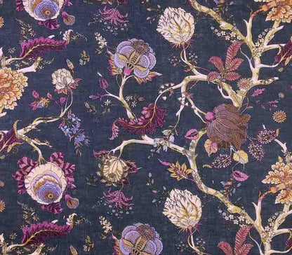 A close-up of a dark anthrazit fabric featuring an intricate, vintage-syle floral and botanical pattern with branches, leaves, and flowers in muted purple, beige, gold, and pink tones.