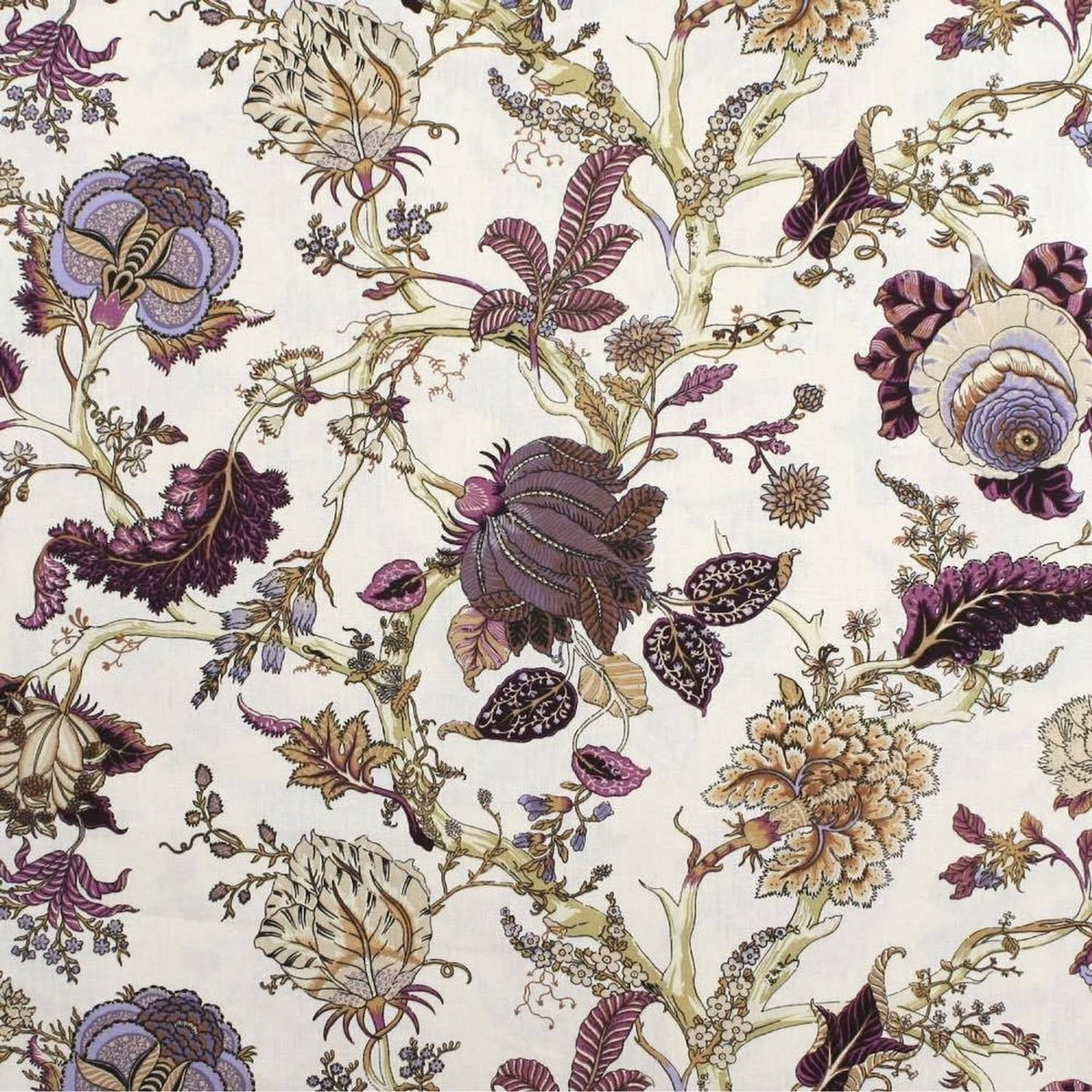Villars Aubergine/Offwhite fabric coupon by Arte Fresca Outlet, showing a large view of its opulent botanical pattern. This printed 100% cotton fabric features magnificent, imaginative blossoms in deep aubergine and violet, complemented by delicate brown, taupe, and green nuances on a soft off-white background, displaying a smooth texture.
