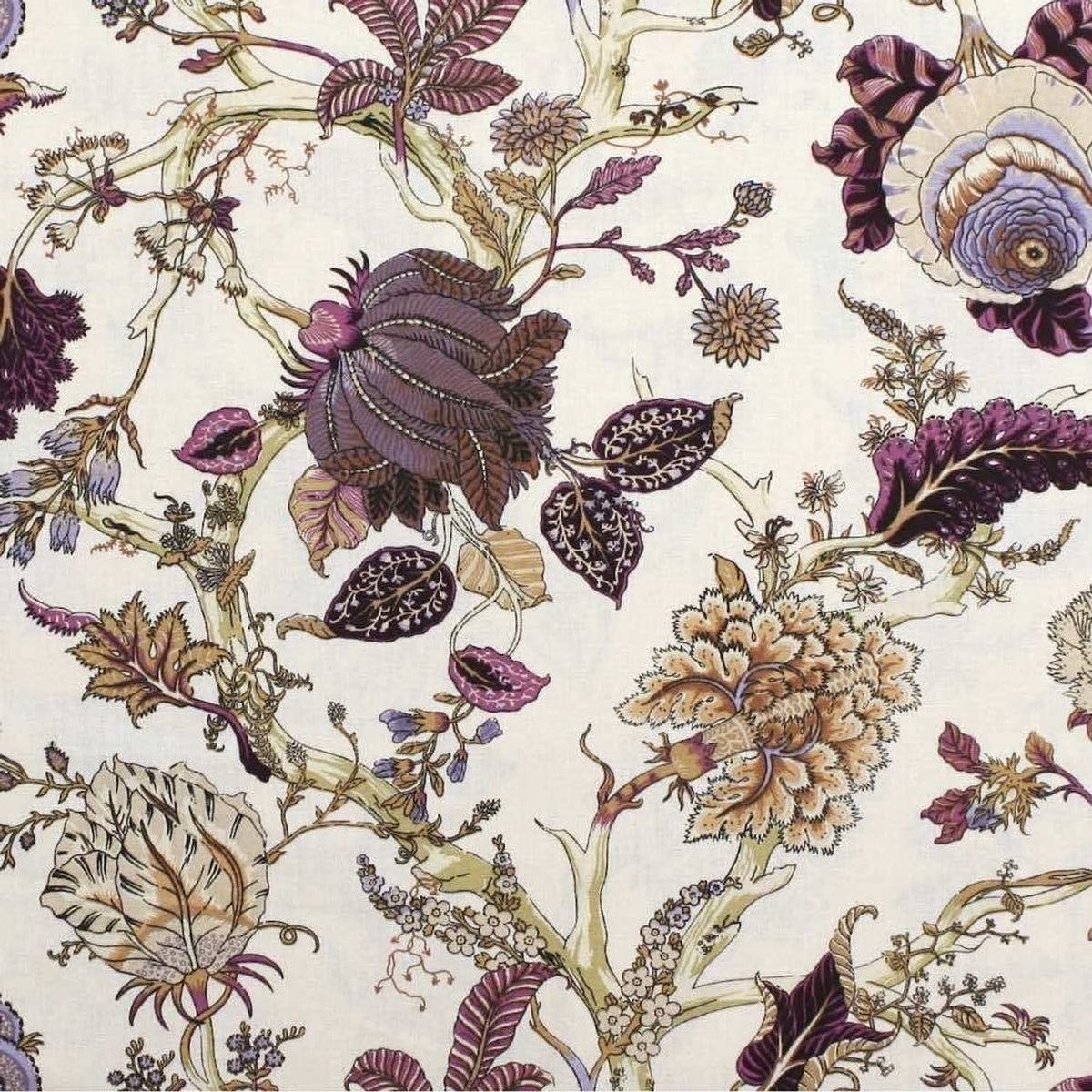 Close-up of Villars Aubergine/Offwhite fabric coupon from Arte Fresca Outlet, revealing the intricate details of its rich botanical print. Deep aubergine, violet, brown, taupe, and green blossoms are visible on the soft off-white background, highlighting the fine lines and smooth texture of this printed 100% cotton fabric piece.
