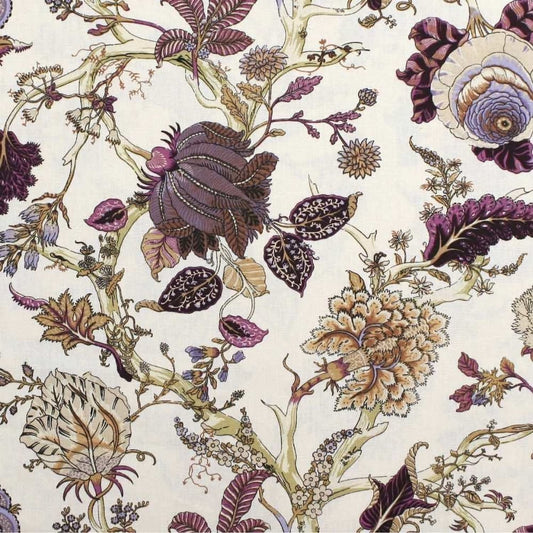 Close-up of Villars Aubergine/Offwhite fabric coupon from Arte Fresca Outlet, revealing the intricate details of its rich botanical print. Deep aubergine, violet, brown, taupe, and green blossoms are visible on the soft off-white background, highlighting the fine lines and smooth texture of this printed 100% cotton fabric piece.
