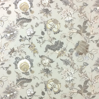 Villars Beige/Gray fabric coupon by Arte Fresca Outlet, showing a large view of its detailed botanical pattern. This printed 100% cotton fabric features lifelike illustrations of various flowers and plants predominantly in muted gray and beige tones with subtle hints of yellow or olive on a light beige-gray background, displaying a smooth texture.