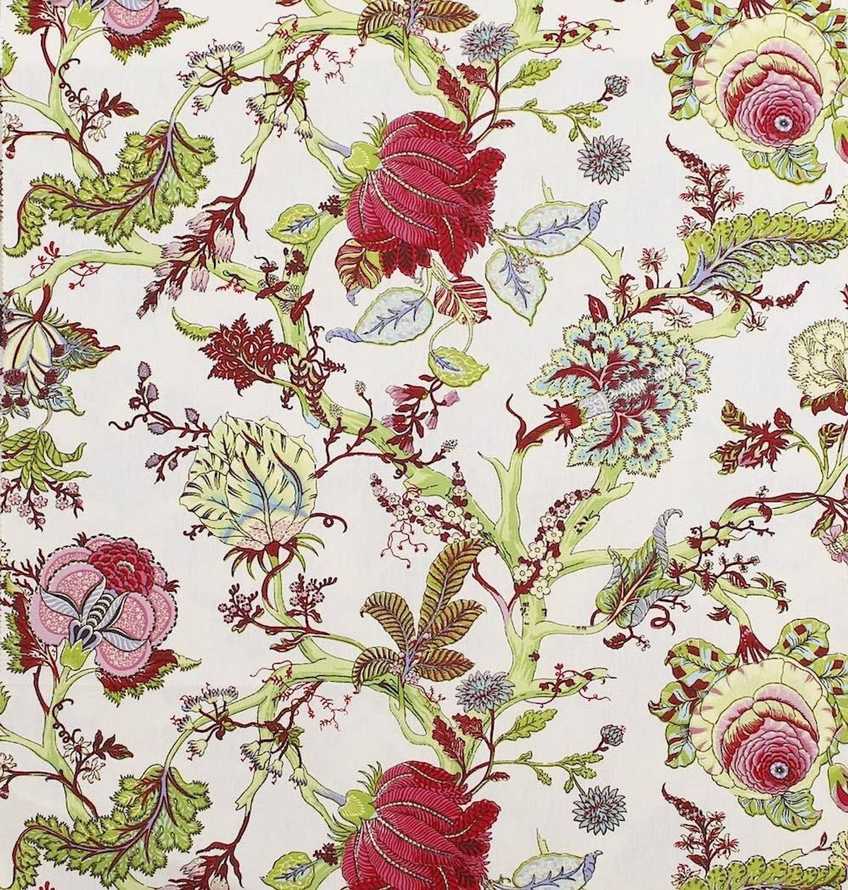 Villars Green/White fabric coupon by Arte Fresca Outlet, showing a large view of its detailed botanical pattern. This printed 100% cotton fabric features illustrations of various flowers and plants in muted red, green, yellow, and white tones on a light, creamy white background, resembling classic engravings and highlighting its smooth texture.