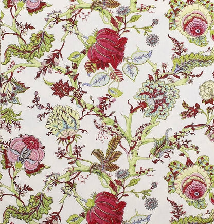 Villars Green/White fabric coupon by Arte Fresca Outlet, showing a large view of its detailed botanical pattern. This printed 100% cotton fabric features illustrations of various flowers and plants in muted red, green, yellow, and white tones on a light, creamy white background, resembling classic engravings and highlighting its smooth texture.