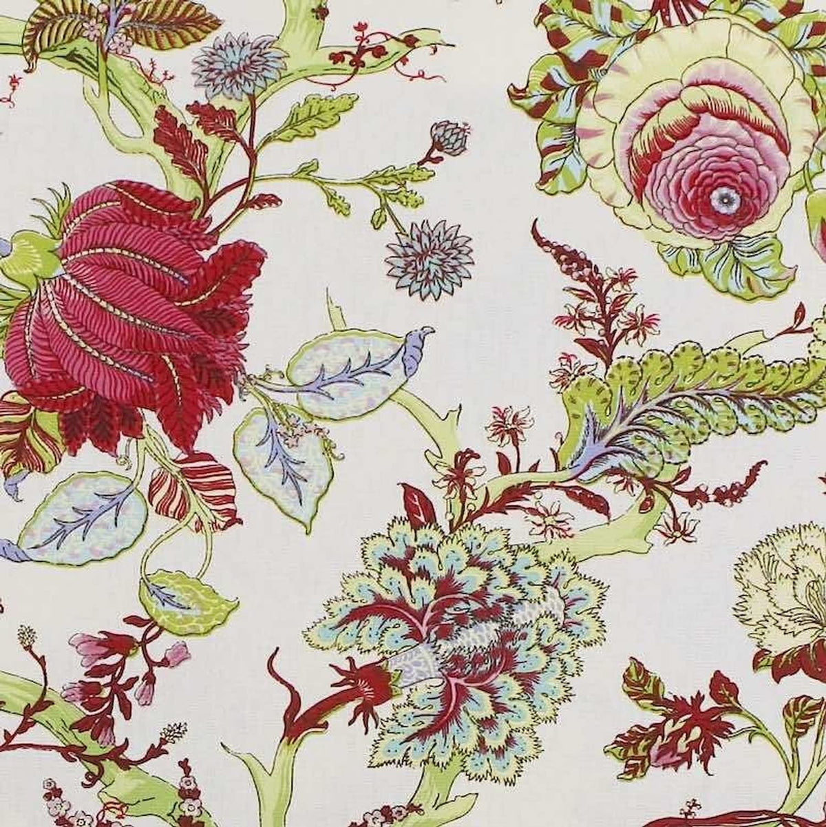Close-up of Villars Green/White fabric coupon from Arte Fresca Outlet, revealing the intricate details of the botanical print. Muted red, green, yellow, and white flowers and plants are clearly visible on the creamy white background, showcasing the fine lines and smooth texture of this 100% cotton fabric piece.