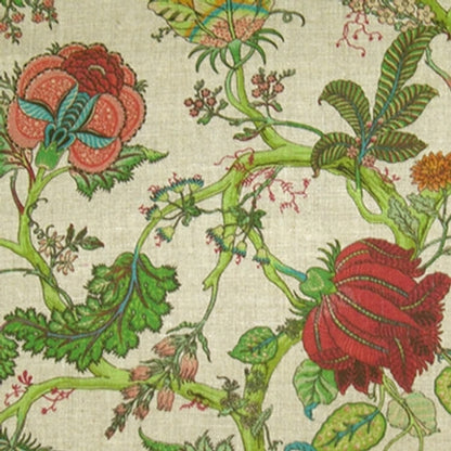 Villars Leinen Multi fabric coupon by Arte Fresca Outlet, showing a large view of its opulent botanical pattern on a natural linen-look background. This printed 100% cotton fabric features vibrant blossoms in coral red, fresh green, muted blue-turquoise, warm orange, and yellow on spreading branches, displaying a smooth texture.
