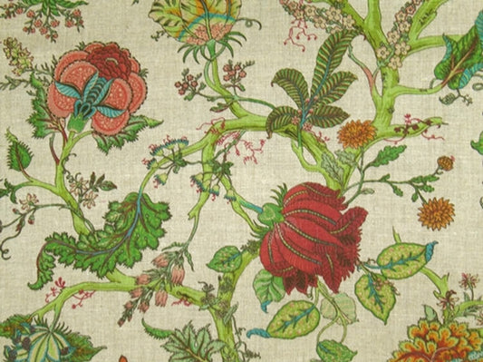  Close-up of Villars Leinen Multi fabric coupon from Arte Fresca Outlet, revealing the intricate details of its rich botanical print. Vibrant coral red, green, blue-turquoise, orange, and yellow blossoms are visible on the natural linen-look background, highlighting the fine lines and smooth texture of this printed 100% cotton fabric piece.