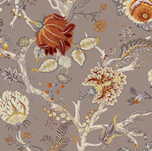 Close-up of Villars Orange/Greige fabric coupon from Arte Fresca Outlet, revealing the intricate details of its rich floral print. Vibrant orange, terracotta, green, creamy yellow, and blue-gray blossoms are visible on the muted greige background, highlighting the fine lines and smooth texture of this printed 100% cotton fabric piece.

