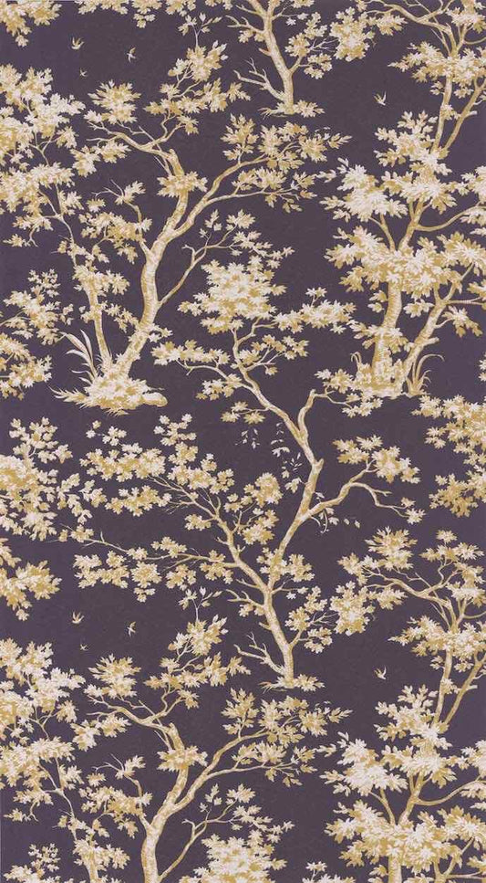 A close-up of a repeating floral toile pattern with pale yellow blossoms and branches on a dark plum-purple background.