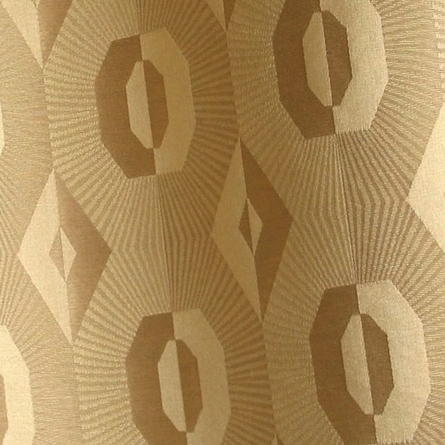 Close-up of Voisin Gold fabric from Arte Fresca Outlet, highlighting the intricate geometric weave and rich texture in golden and beige hues, ideal for detailed viewing.