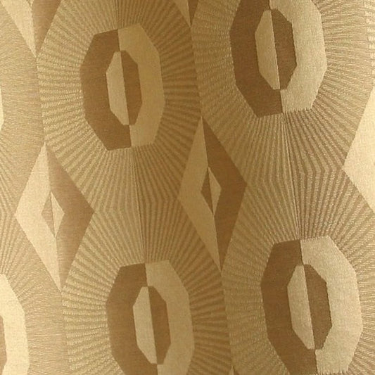 Close-up of Voisin Gold fabric from Arte Fresca Outlet, highlighting the intricate geometric weave and rich texture in golden and beige hues, ideal for detailed viewing.