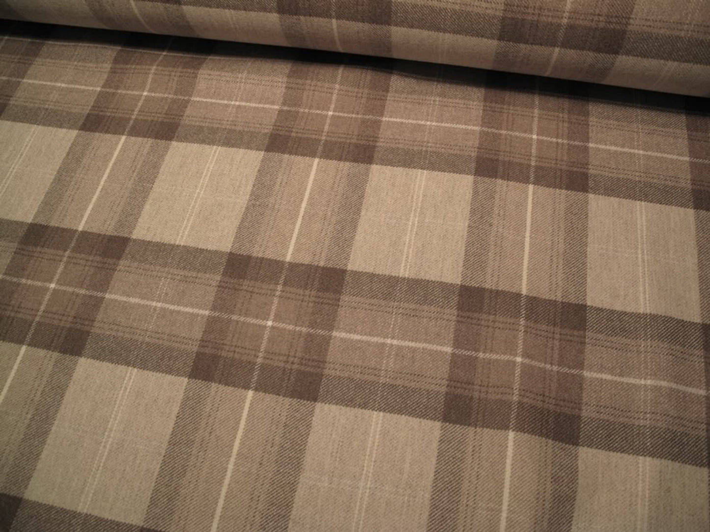 YORK PLAID BEIGE wool fabric by Arte Fresca Outlet, a full view displaying its classic large plaid pattern in muted beige and brown tones with fine cream lines, highlighting its heavy woven texture and timeless country style.