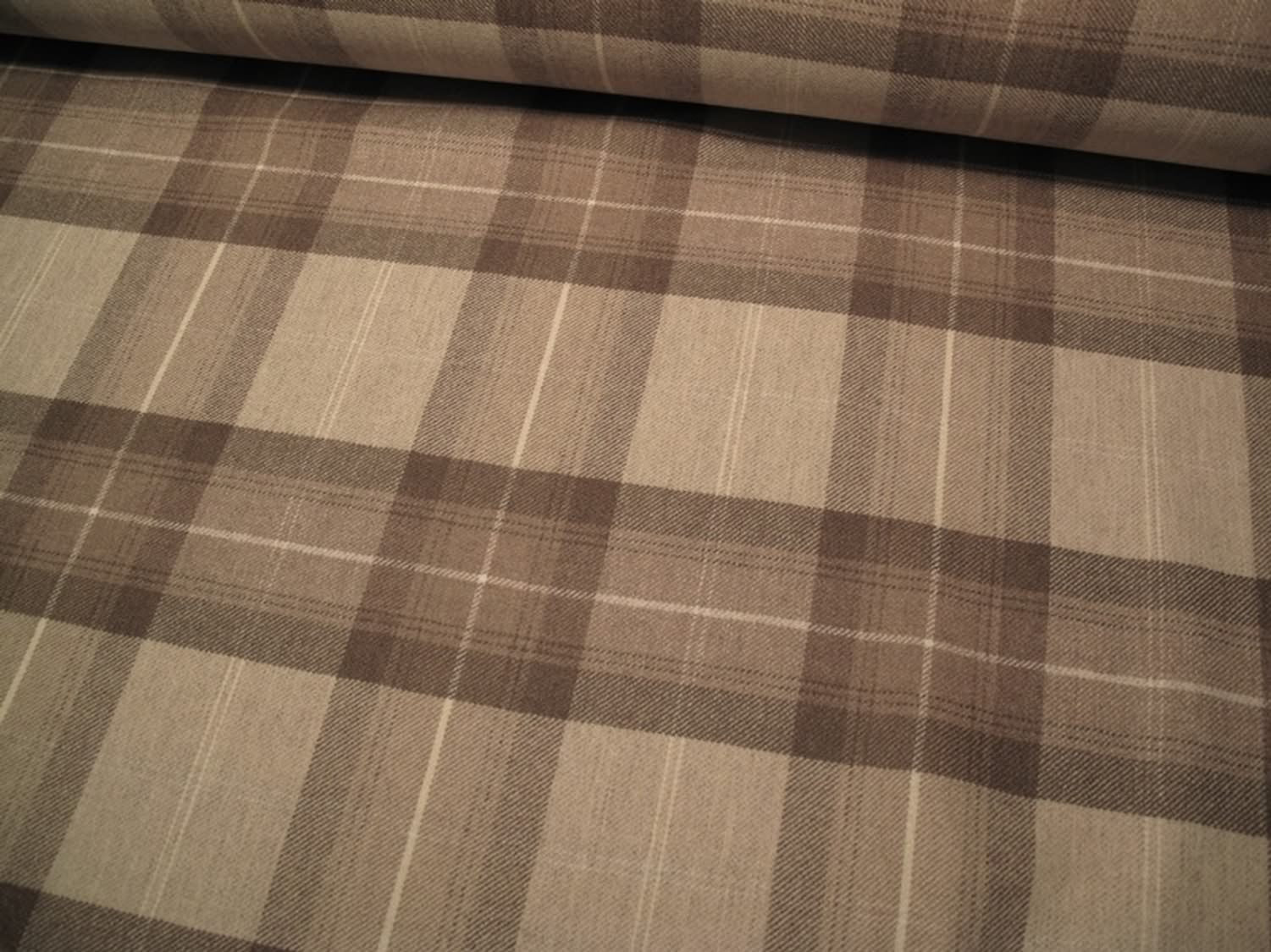 YORK PLAID BEIGE wool fabric by Arte Fresca Outlet, a full view displaying its classic large plaid pattern in muted beige and brown tones with fine cream lines, highlighting its heavy woven texture and timeless country style.