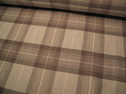YORK PLAID BEIGE wool fabric by Arte Fresca Outlet, a full view displaying its classic large plaid pattern in muted beige and brown tones with fine cream lines, highlighting its heavy woven texture and timeless country style.