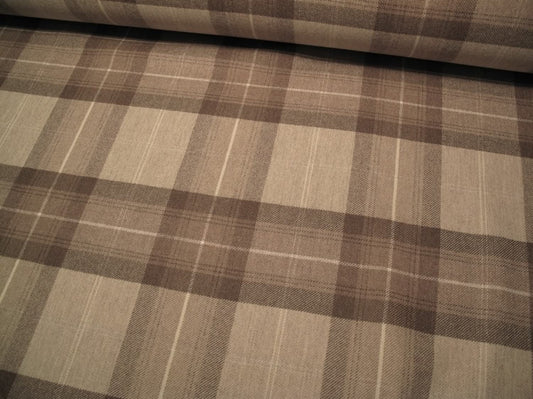 YORK PLAID BEIGE wool fabric by Arte Fresca Outlet, a full view displaying its classic large plaid pattern in muted beige and brown tones with fine cream lines, highlighting its heavy woven texture and timeless country style.
