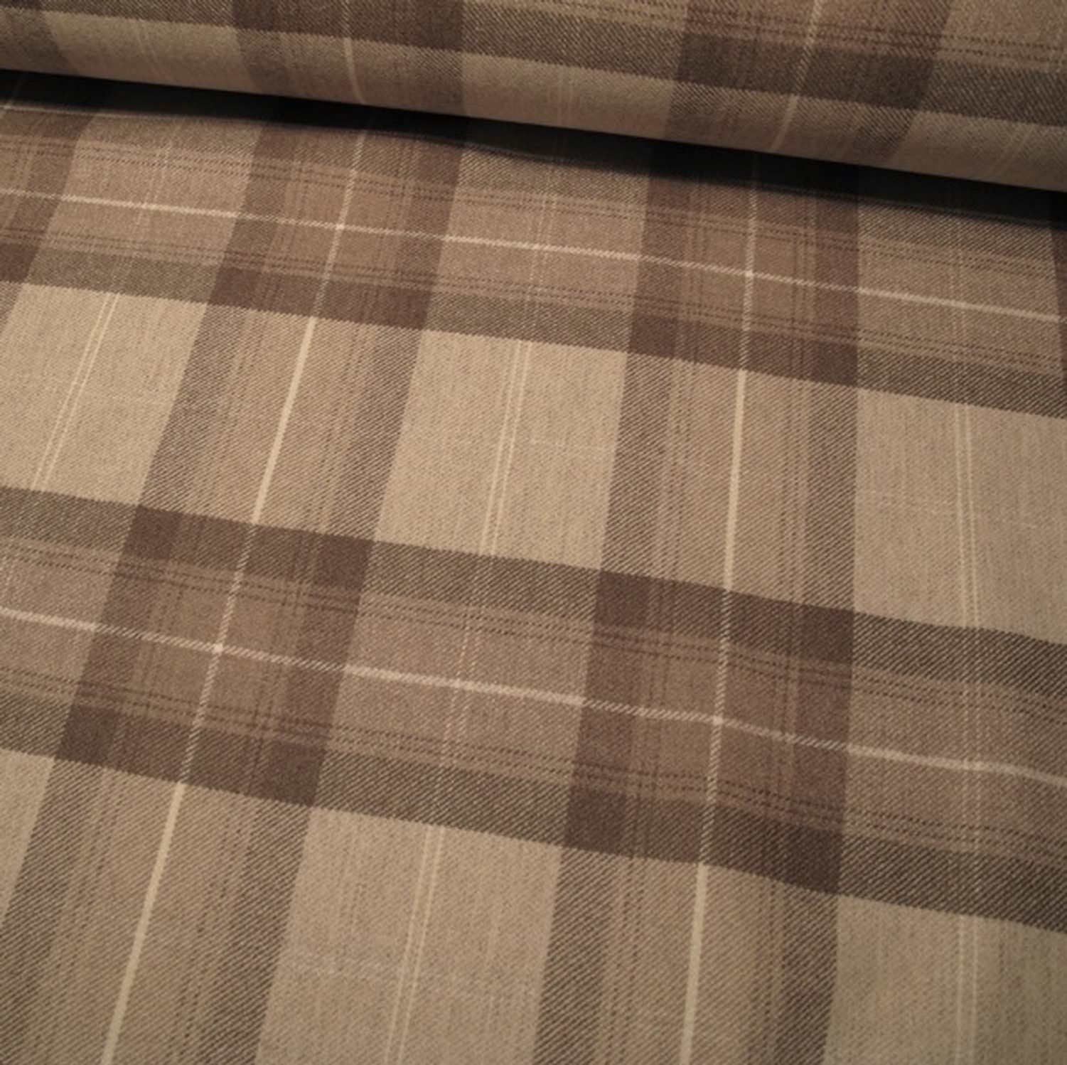 YORK PLAID BEIGE wool fabric by Arte Fresca Outlet, a full view displaying its classic large plaid pattern in muted beige and brown tones with fine cream lines, highlighting its heavy woven texture and timeless country style.